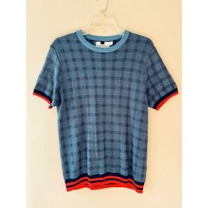 TOPMAN Sz M Blue Check Tip­ping Sweater Knit Shirt Stretch Short Sleeve Pullover